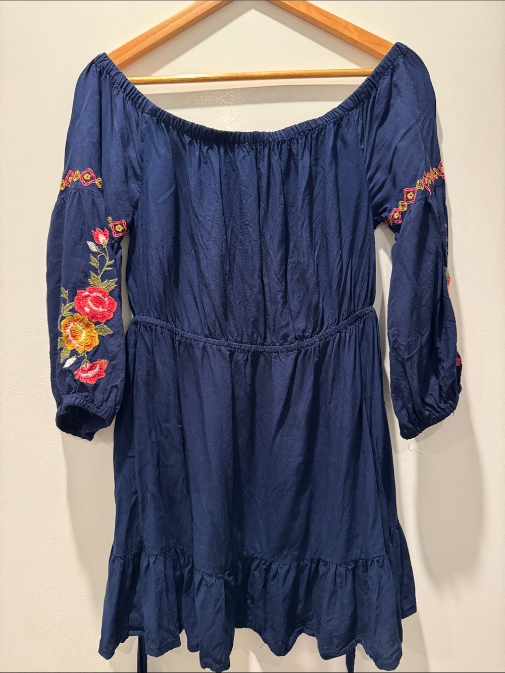 Feathers Navy Off-Shoulder‎ Embroidered Sleeve Ruffle Dress Beachy Boho Chic